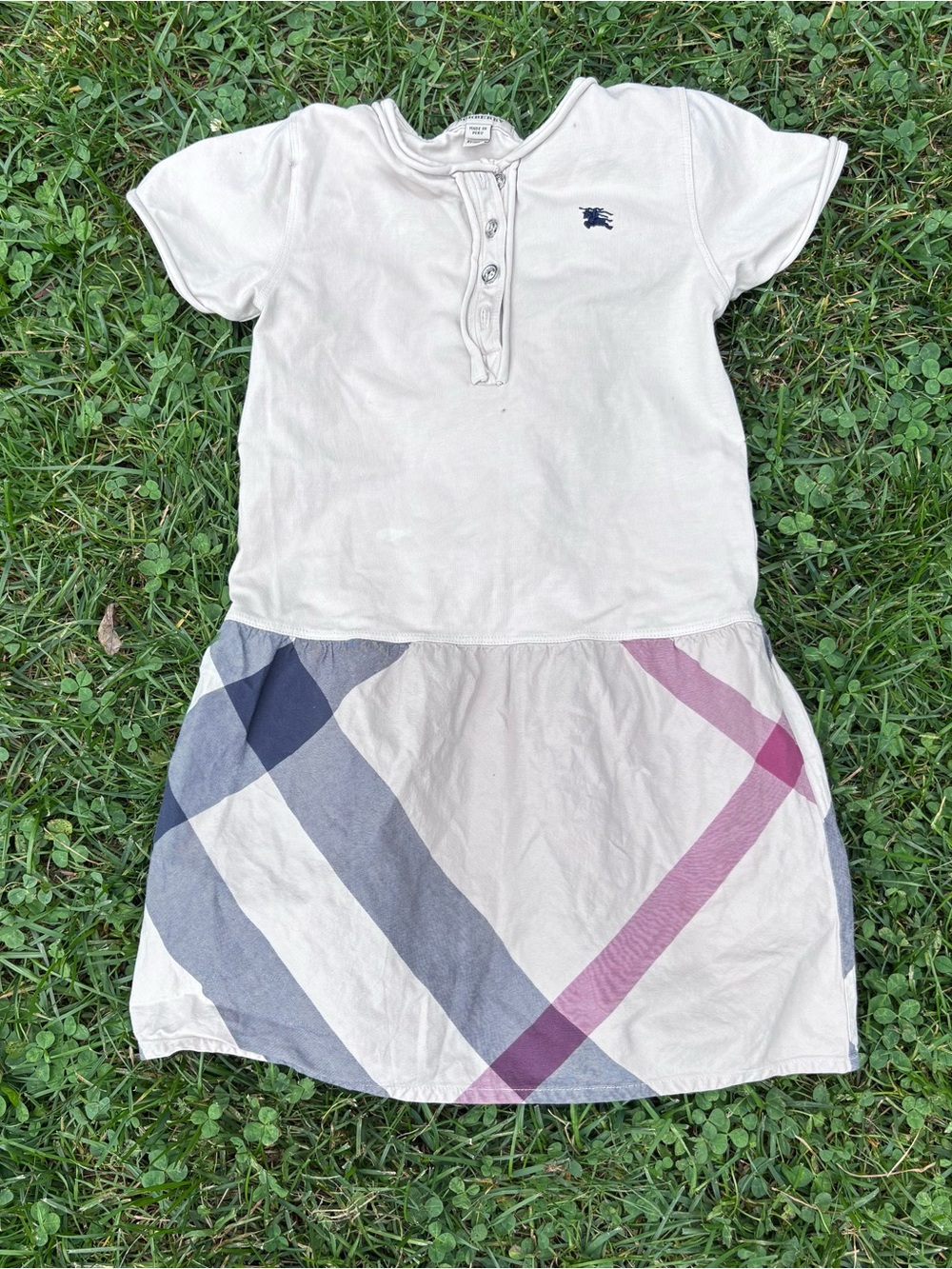 Burberry White Polo Dress with Navy and Pink Check Skirt